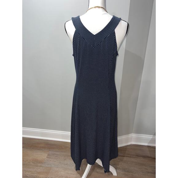 Adrianna Papell Blue Polka Dot Dress, Size M, V-Neck, Asymmetric Hem - Picture 6 of 13